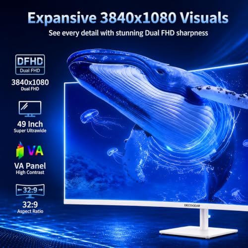Image of Deco Gear White 49 Inch Curved Monitor, 144HZ Super Ultrawide DFHD Screen, 3840x1080 32:9 VA Panel, R1500 E-LED, HDMI, Display Port, 3000:1, Laptop PC Computer Accessory for Work Gaming Design