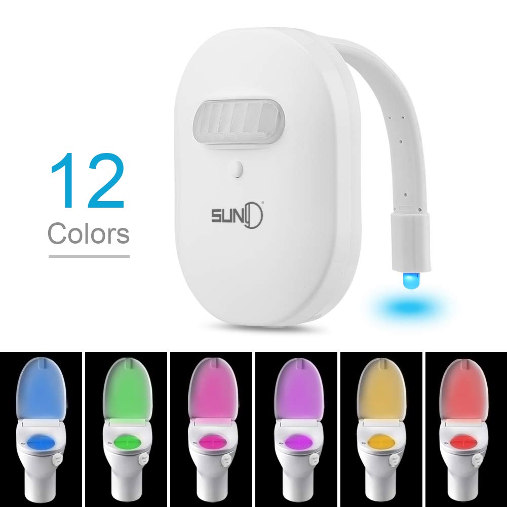 SUNY LED Toilet Night Light, 12 Colors Human Sensor Activated Detection Smart Nightlight w/Flexible Arm Fit Any Toilet, IP67 Waterproof Bathroom Bowl Light Best Gifts for Children Teen Kids Adults Ag