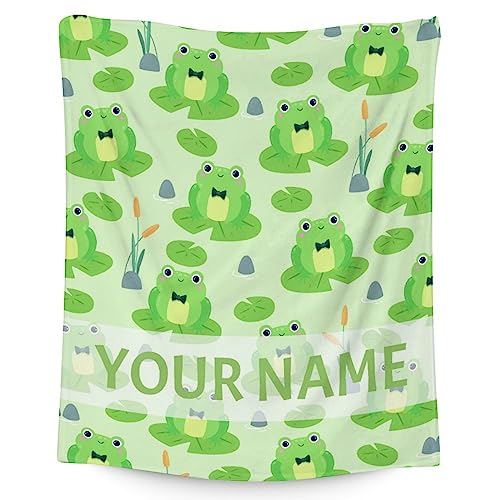 Personalized Frog Blanket Gifts with Name - 50x60 Inches Cute Throw for Girls & Boys - Green Soft Fuzzy Blankets for Bed, Couch & Living Room