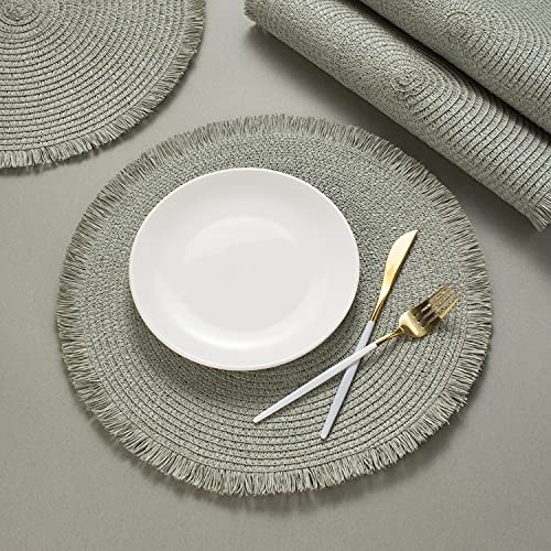 Funwheat Paper Round Braided Placemats Set Of 6 For Dining Tables 15 Inch Heat Resistant Table Mats Farmhouse Woven Fabric Natural Place Mats For Decoration With Tassel(Grey Green) #TOP4