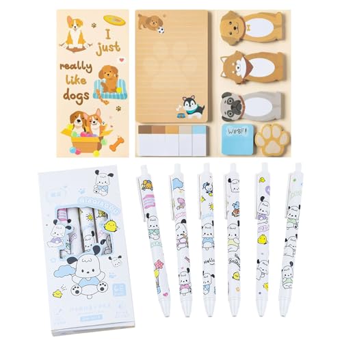 HSYWSH Conjunto de papelería Perro incluy 440 hojas Notas Adhesivas Perro, 6 piezas Bolígrafo de Perro, Bolígrafos Gel Retráctiles, Útiles Escolares para Oficina Escuela Estudiantes (A)