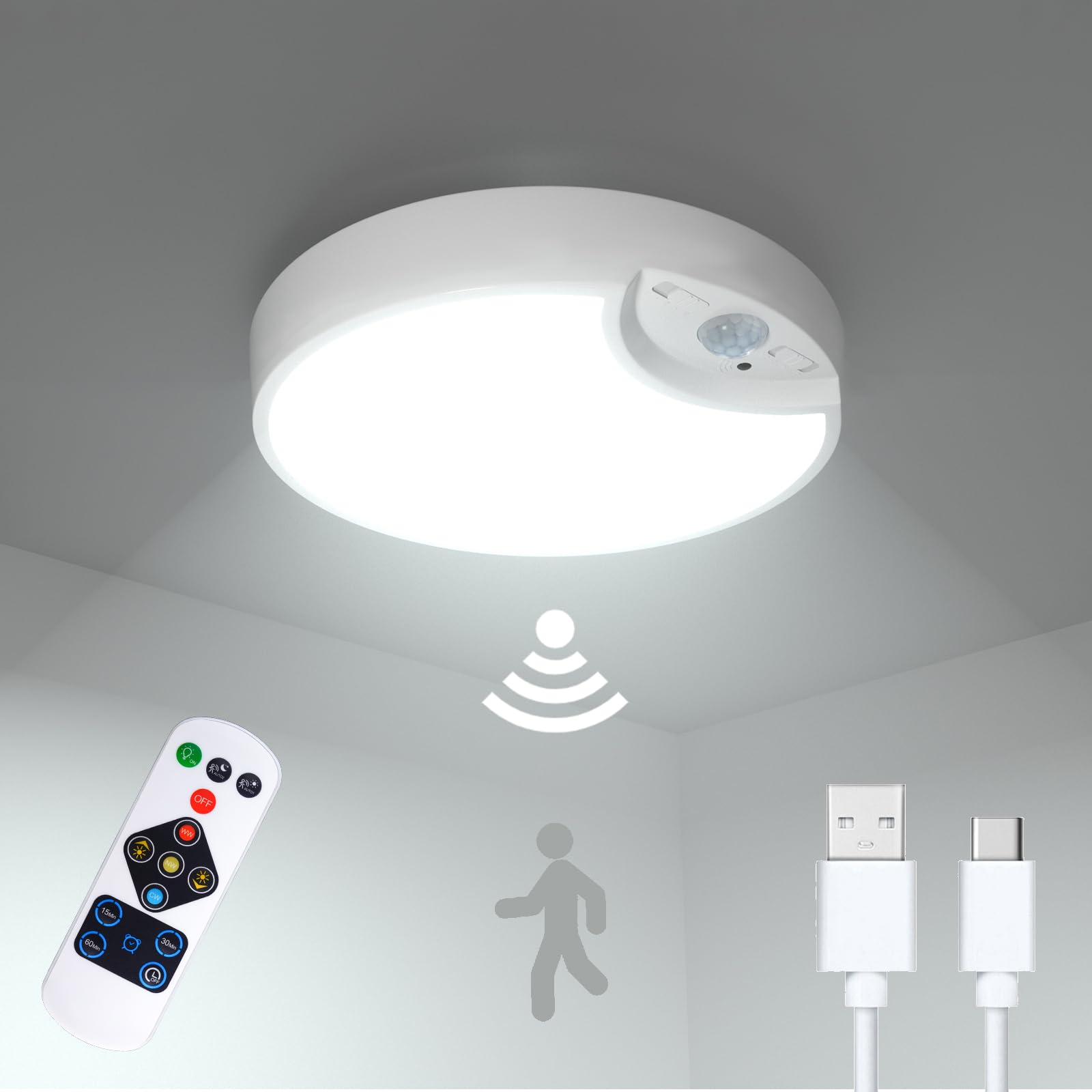 Klarlight Motion Sensor LED Ceiling Light, 7.5" x 7.5", Cool White, 300LM, Battery Operated, Remote Control, Indoor, Flush Mount, Home Use