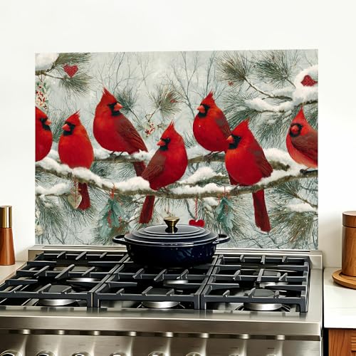Image of Kitchen Oil Proof Sticker 35.4 x 23.6 Inch Red Cardinal Birds on Pine Branches Peel and Stick Backsplash Wallpaper for Kitchen Wall Behind Stove Counter Decor