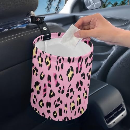 Image of Pink Leopard Print Car Trash Can, Cute Car Trash Bag, Vehicle Trash Can, Multipurpose Trash Bag Hanging, Portable, Waterproof Storage Bag for Cars