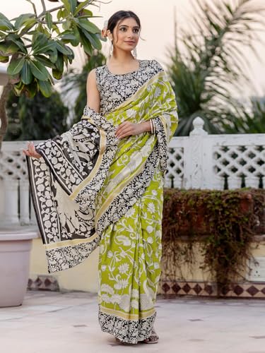 Image of SIRIL Women's Printed Ready to Wear Mul Cotton Saree With Unstitched Blouse Piece