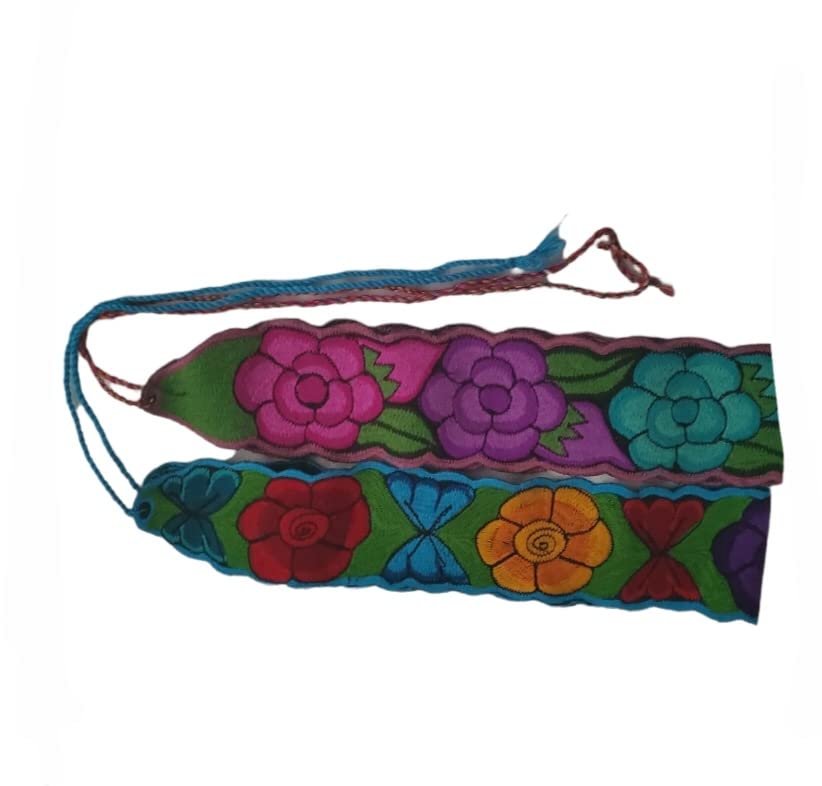 Mexican Floral Embroidered Belt from Mexico traditional tipicos floral sash belts artesanal with embroidery waist fiesta bordados embroidered for women Length 36… (Random Color Pair)3