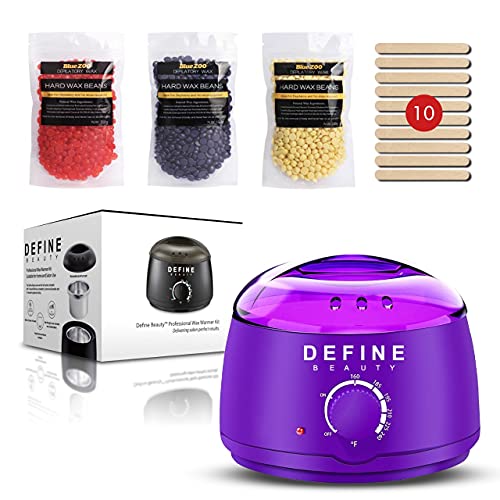 Define Beauty Waxing Kit for Women Men, Soft Wax Warmer Hair Removal, Brazilian Bikini Machine with 10 Strips, 3 Stripless Hard Beans Legs, Face, Eyebrows, Facial, Armpit,Underarm(Purple)17 Piece Set