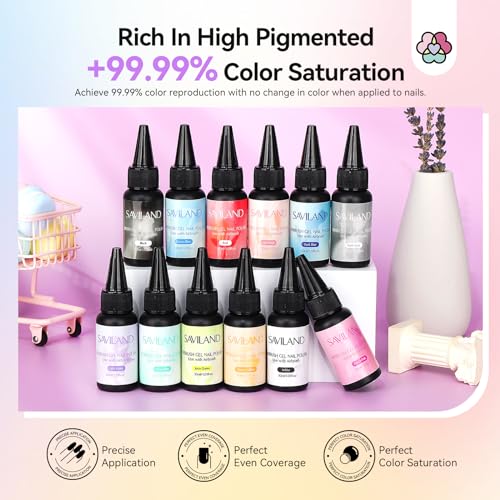 Image of SAVILAND Airbrush Gel Nail Polish Hema-Free: Dilution-free 30ML Airbrush Polish Set, Cool & Warm Colors Non-Acetone Airbrush Stencils for Nails Airbrush for French Nail Art Manicure DIY Salon & Party