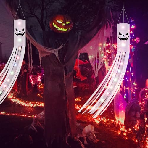 Jsdoin 180CM Halloween Ghost Windsocks Flag with 2M LED Colorful Lights 2 PCS, Hanging Halloween Ghost Decoration Outdoor, Flag Wind Socks Décor for Yard Garden Door Lawn Dead Tree Party Supplies