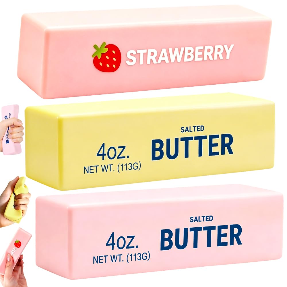 3PCS Butter Squishy, Strawberry Squishy Stress Balls, Butter Stick Fidget Toy, Cute Butter Stress Balls,Anxiety Relief Fidget Toys for Adults Office Home, Party Favors Decor - Yellow&Pink