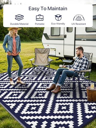 Image of GENIMO Outdoor Rug, Waterproof Plastic Rugs for Patio, 6'x9' Blue White