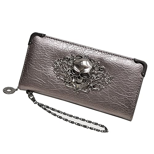 Skull Wallets for Women Zipper Wallet Shiny Faux Leather Clutch Handbags Chian Wristlets Bag Card Pockets Long Cion Purse-Rose red, Silver