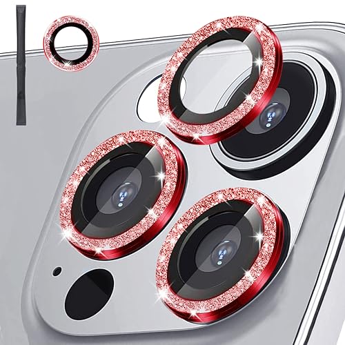 Protection d'objectif iPhone 15 Pro Max verre trempé 9H rouge pailleté