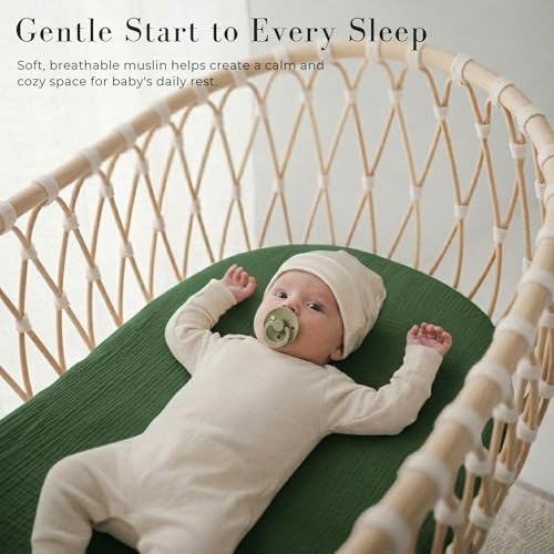 Image of MairMore 3 Pack Muslin Bassinet Sheets for Babies, Soft & Breathable 100% Cotton Fitted Sheets for Oval, Rectangle, Hourglass Bassinet Mattress Pads (Grass Green)