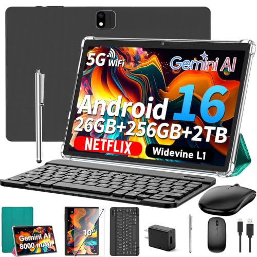Image of Android 16 Tablet with Keyboard - 10 inch Tablet with 26GB+256GB+2TB Expand | 2026 Electronic Tablet with Gemini AI, 8-Core, 5G WiFi, 8000mAh, GPS, GMS, 2 in 1 Tablet PC with Case, Mouse, Stylus (Green)