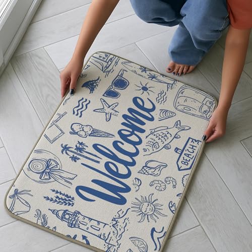 M-Qizi Coastal Beach Welcome Door Mat, Blue Preppy Beach Doormat for Outdoor Front Door Entrance Porch, Coastal Beachy Welcome Mats Doormat Outside, 17x30 Inch - Image 4