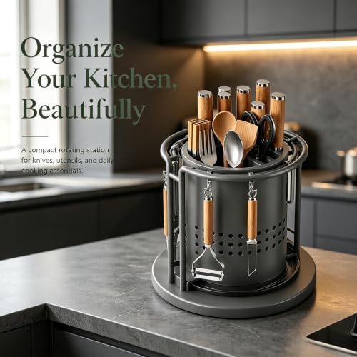 360° Rotating Stainless Steel Knife Holder & Organizer, Multi-function Round Kitchen Knife Storage Rack with Detachable Drip Tray, 6 Hooks, Multi Slot, Space Saver,Bonus 5 Dish Sponges,Black:Short - Image 6