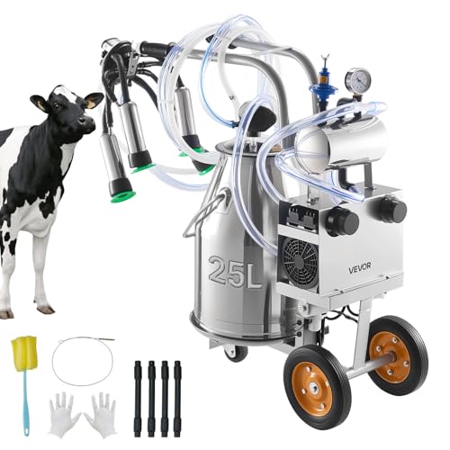 VEVOR Electric Cow Milking Machine, 6.6 Gal - 25 L 304 Stainless Steel Bucket, Food-Grade Teat Cups and Silicone Hose, Strong Suction, Vacuum Pulsation, Electric Milker Machine with Wheels for Cow