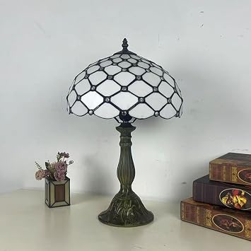 BOTOWI Tiffany Style Table Lamp Touch Control Lamp 12X12X19 Inch Tiffany Reading Light Antique Glass Desk Decor Lamp for Bedside,White Beads