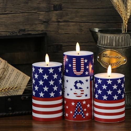 Image of Patriotic Flameless Pillar Candles Battery Operated with Remote Timer Plastic Realistic 3D Wick Outdoor Waterproof LED Flickering Candles 4th of July USA Flag Decor(3 Pack, 3 x 4,5,6 Inches)