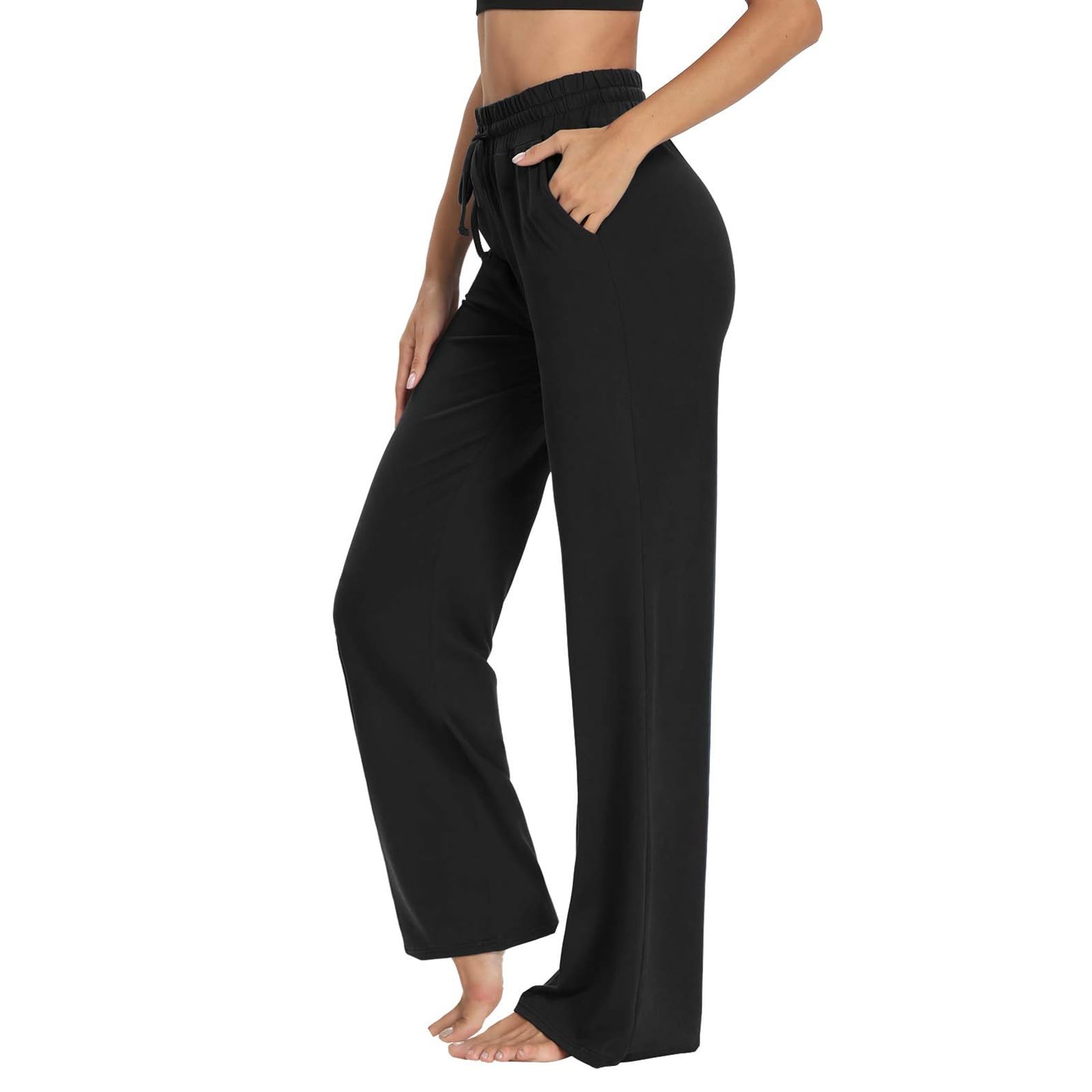 Wide Leg Pants Woman Summer Drawstring Baggy Sweatpants High Waisted Lounge Pants with Pockets Loose Trouser Yoga Pants Casual Workout Pants Flowy Palazzo Pants Lightweight Stretch Pajamas Pants