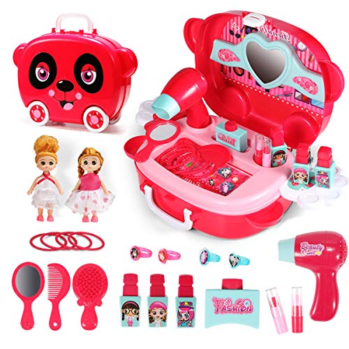 Geyiie Kids Makeup Kit for Girls, 21Pcs Pretend Play Makeup Cosmetic Case And 2 Dolls Princess,Mirror,Hair Dryer,Nail Polish,Lipstick,Ring,Comb Fashion Hair Salon,Non-Toxic Toddlers Vanity for Age 3+
