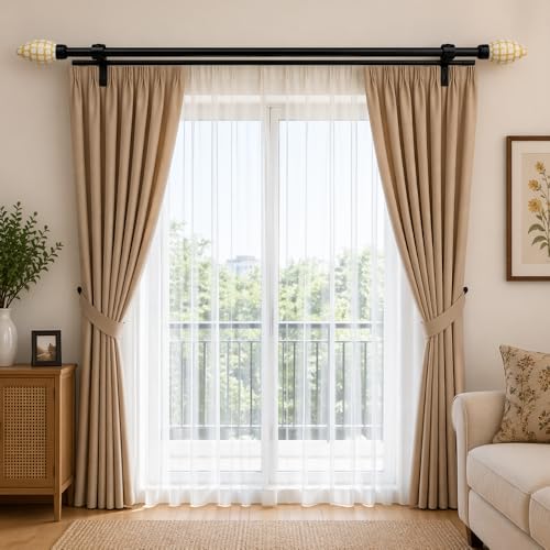 Image of 48 inch-88 inch Adjustable Double Curtain Rod For Door & Windows With Brackets Set Curtains Hanging Extendable Iron Metal Pipe Holder With Honey Comb Mop Finial (Black, 0.75 inch Diameter)