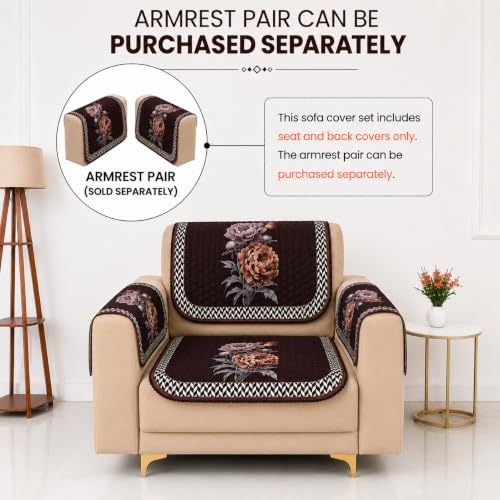 Image of Homerz 'Brooklyn Series' Premium Sofa Cover | Quilted Floral Design | Non-Slip Washable Sofa Protector | Soft Anti Slip Fabric (Ny Brown, 1 Seater, Seat Cover with Backrest)