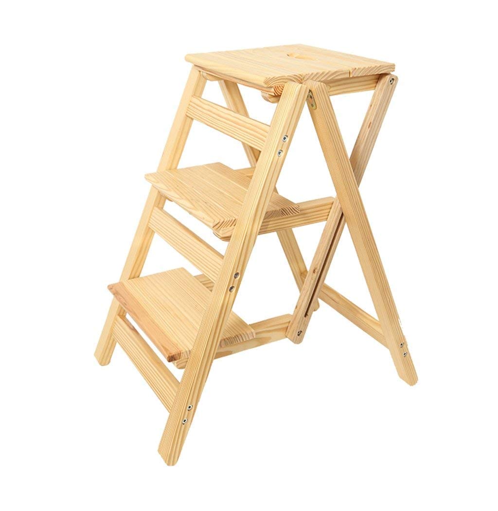 ZGYOZMNG Step Stools Wooden Step Ladders Folding Stool Solid Wood Ladder Stool Folding Fold Up Library Steps Stool Multifunctional Wooden Kitchen Office Use Ladder Chair with 3 Steps - Wood Color