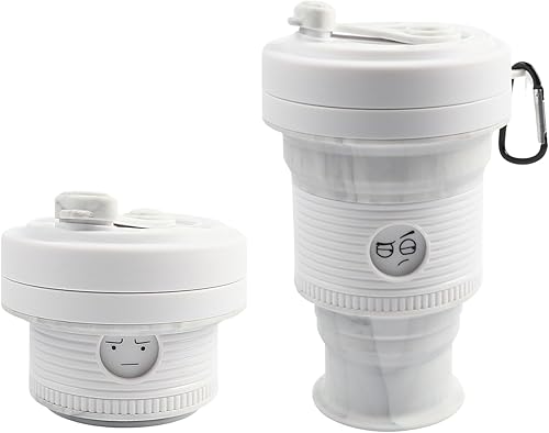 1 taza plegable blanca de mármol de 18 onzas con lindo icono de cara de emoción para tazas de viaje, taza plegable de goma de silicona  Funda de