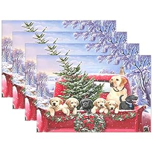 Christmas Red Truck Golden Retriever Dog Table Mats Placemats Set of 6 Winter Snowflake Xmas Tree Snowman Kitchen Mat…
