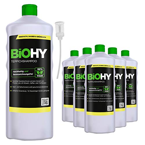 Teppichshampoo (6x1l Flasche) + Dosierer | Teppichreiniger ideal zur Entfernung von hartnäckigen Flecken | SPEZIELL FÜR WASCHSAUGER ENTWICKELT