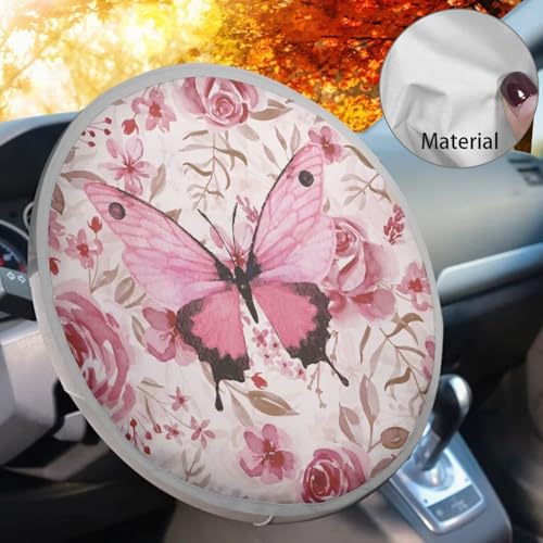 Image of Pink Butterfly Steering Wheel Cover Protector Personalized Steering Wheel Shield Reflect UV Sun and Heat Car Interior Accessories for Sun Heat Universal for Cars Truck SUV Van