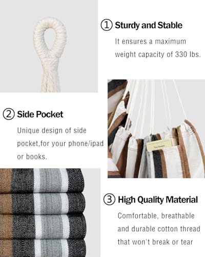 Halalona Hammock Chair Hanging Hammock Chair Rope Swing 2 Cushions Included-Sturdy & Durable Soft Cotton Hand Woven Hammock Swing for Bedroom, Porch, Patio-Indoor/Outdoor