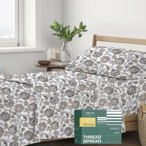 THREAD SPREAD 100% Organic Cotton Sheets Twin Size - Organic Cotton Twin Percale Weave Sheet Set (3 PC, Floral Ivory), Soft, Cooling, Crisp & Breathable, 16" Deep Pocket Bedding Set for Dorm Room