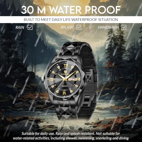 Image of Longbo Zenith Watch for Men Analog Quartz Dress Diamond Business Stainless Steel Watches Waterproof Luminous Date Luxury Men's Wristwatch | Birthday Gift For Men | Gift For Husband | Gift For Brother (Black Black)