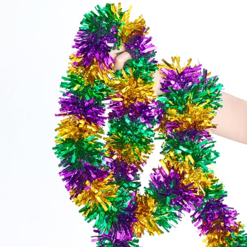 33FT Mardi Gras Tinsel Garland Purple Green Gold Metallic Twist Foil Tinsel Garland Glitter Hanging Garland for Mardi Gras Carnival Party Christmas Tree Indoor Outdoor Decoration