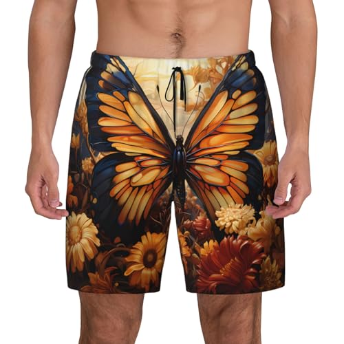 Panda in The Water - Traje de baño para hombre, traje de baño de moda, pantalones cortos de natación de ajuste relajado - La mejor experiencia de natación, Flores de campo de mariposa naranja y