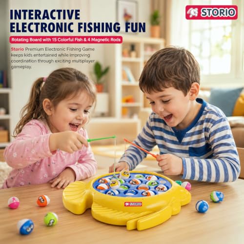 Image of Storio Premium Electronic Fishing Game for Kids | Rotating Fish Catching Toy with 15 Fish & 4 Magnetic Rods | Fun Interactive Board Game for Boys & Girls