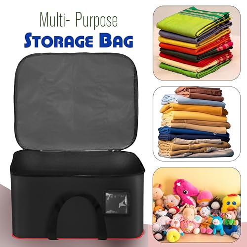 Image of Storite Moisture Proof Nylon Large Size Underbed Storage Bag for Clothes with Net Pocket & Front transparent pocket for note (54 x 46 x 28 cm) - Red Black, Rectangular