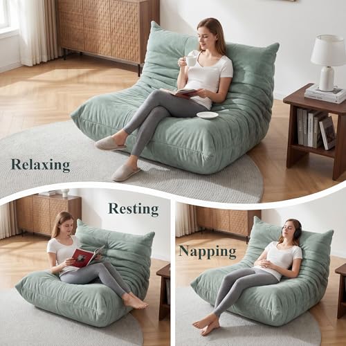 Image of Bean Bag Loveseat for Adults, 51.18 inch Double Floor Lounge Sofa with Reinforced Armrests, 30D High-Density Foam Support, Premium 450G Velvet Soft Seating for Living Room & Bedroom, Bean Green
