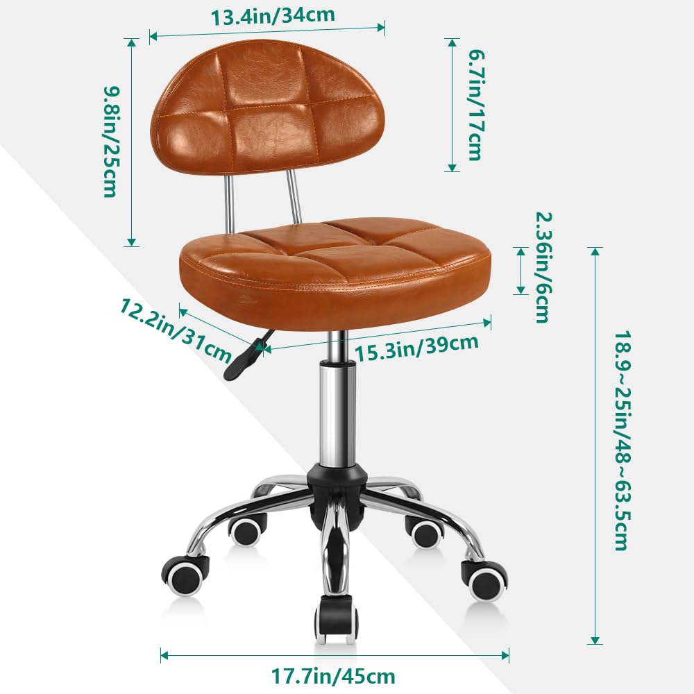 BFTOU Sgabello girevole quadrato minimalista con ruota, perfetto per lavoro, spa, negozi, massaggi, altezza regolabile e conveniente, sedia con schienale (marrone)