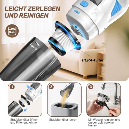 Topipop Handstaubsauger Akku mit 25000Pa Starke Saugkraft,Kabelloser Staubsauger mit HEPA-Filter & Aufsätzen–Leichter Autostaubsauger für Tierhaare,Teppich Haus,Büro,Küche