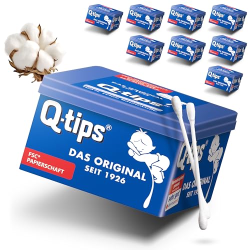 Q-tips Lot de 9 paquets de 206 cotons-tiges de soin avec tige en papier, boîte cubique, 100 % biodégradable, coton sans plastique, nettoyage des oreilles, démaquillage et correction du maquillage