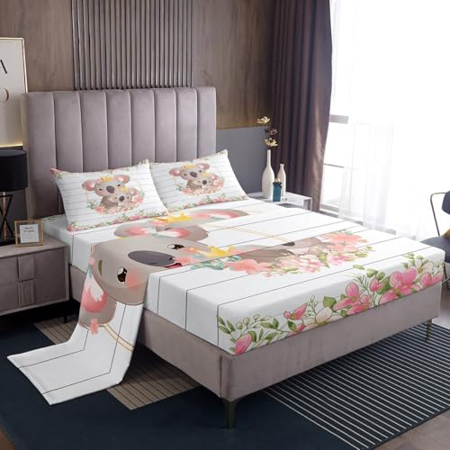 Cute Koala Sheet Set Koala Sheets with Deep Pocket Fitted Sheet for Kids Boys Girls Cartoon Koala Bed Sheets Set Pink Floral Kawaii Animal Bedding Set Blossom Floral Bed Set Full Size