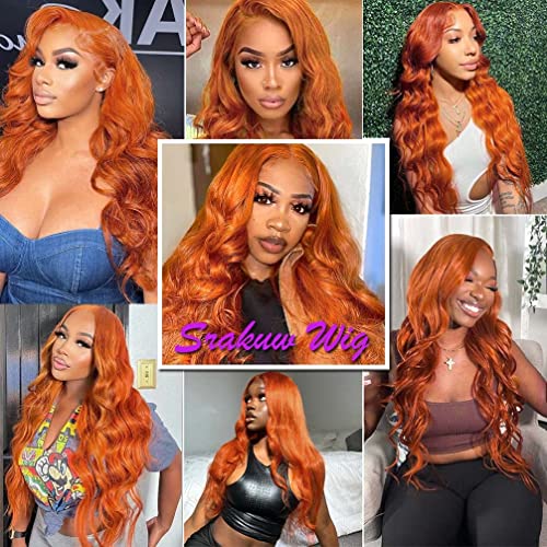 Image of 13X4 Orange Ginger Lace Front Wigs Human Hair Pre Plucked Body Wave Brazilian Colored Human Hair Wigs for Black Women Invisible HD Lace Frontal Wigs Human Hair 180% Density (32 Inch)