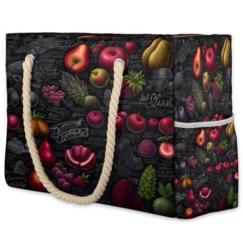 Summer Fruit Apple Large Beach Bag Waterproof Beach Bag for Women Oversized Sandproof Beach Tote Bag with Zipper for Gym Travel Daily Pool Bag Big Tote