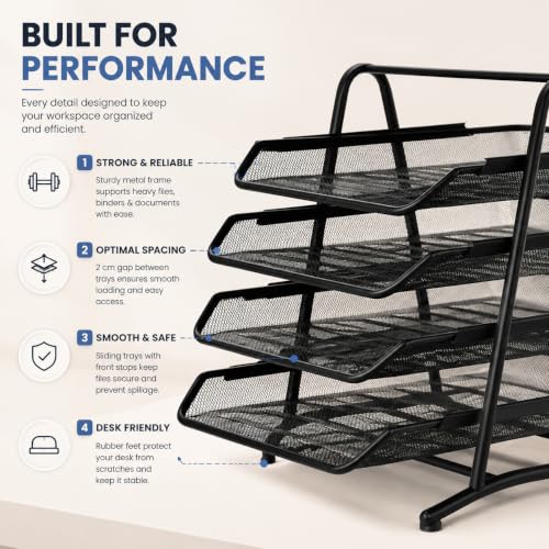 Image of Metal Mesh 4 Tier Document Rack for A4 Files, Desk Organizer