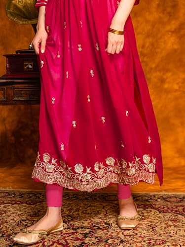 Image of EthnicJunction Women's Georgette Relaxed Fit A Line Embroidered Naira Cut A-Line Kurta | Karva Chauth Special Kurta