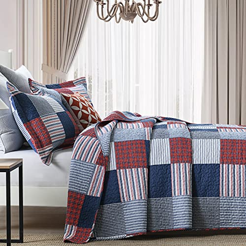 Image of Finlonte Quilts Queen Size - 100% Cotton Queen Comforter Set Blue Red White Plaid Farmhouse Quilt Bedding Set, Reversible Lightweight Soft Bedspread, Quilted Coverlet All-Season, 3-Piece